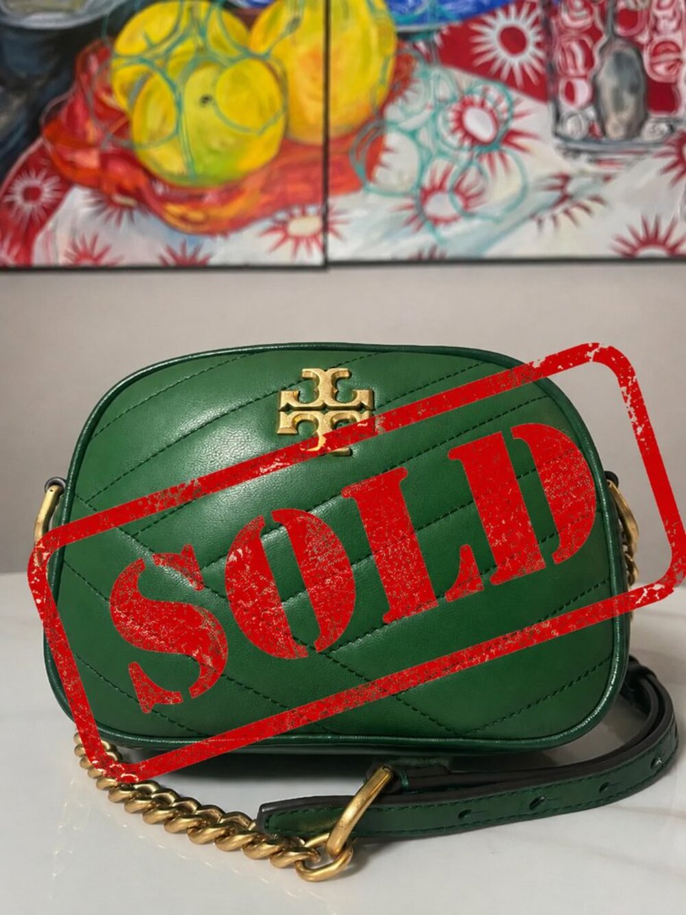 Tory Burch Kira Chevron Emerald Green Camera Bag Chain Crossbody - Picture 1 of 16